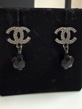Silver Chanel CC Brass Beaded Swing Push Back Earrings